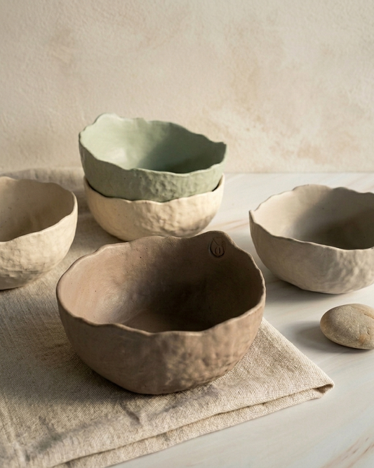 Set of ceramic bowls in various colors on a neutral background